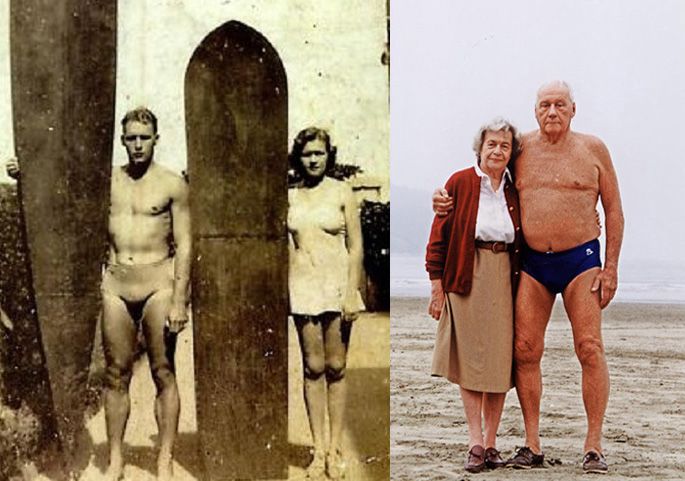 Thomas Rittscher Júnior e sua irmã, Margot, os pioneiros do surf em águas brasileiras, em imagem da década de 1930 e já no novo milênio.