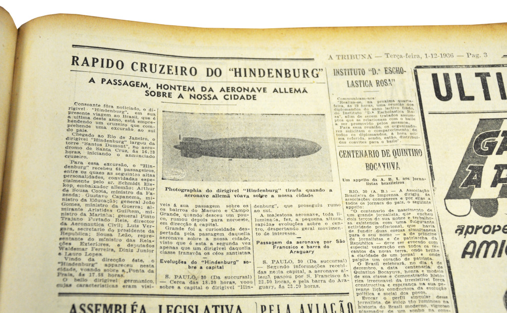 Notícia publicada em A Tribuna sobre a passagem do dirigível Hindenburg