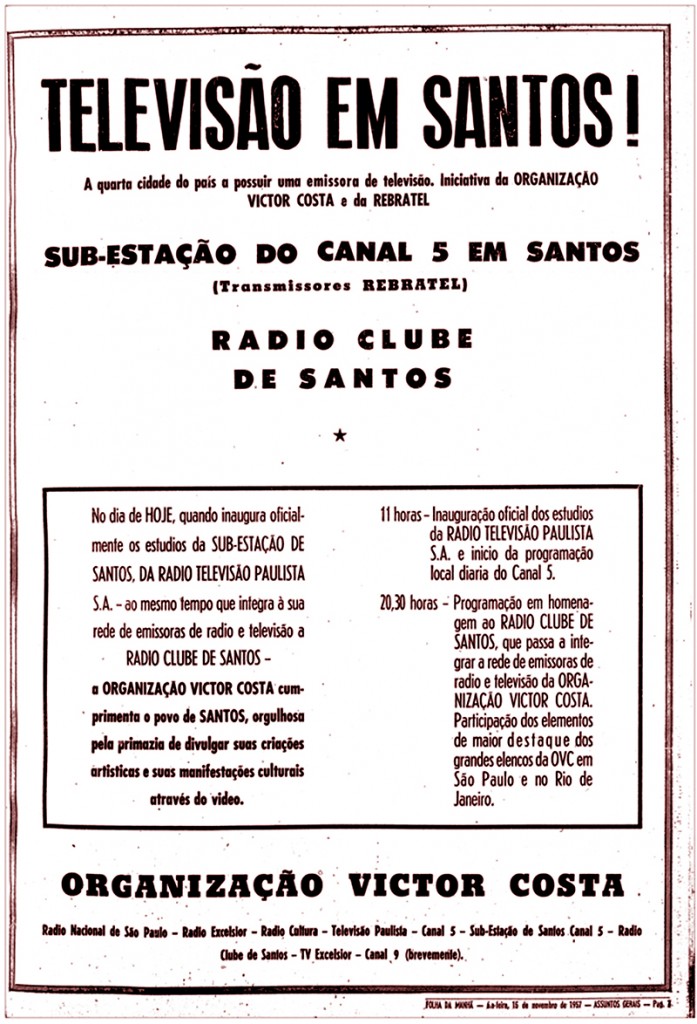 Anúncio sobre a inauguração da TV Santos, a primeira emissora regional do Brasil.