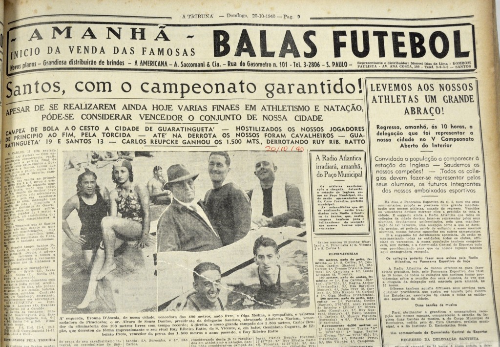 Manchete destacando a vitória santista nos Jogos de 1940.