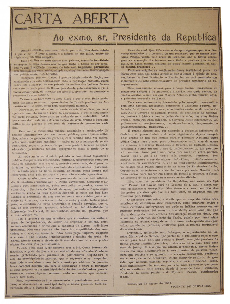 Carta aberta ao presidente, publicado no jornal A Tribuna, em 22 de agosto de 1921.