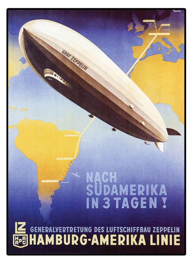 Cartaz da rota do Graff Zeppelin entre a Europa e América do Sul, em seus voos regulares.