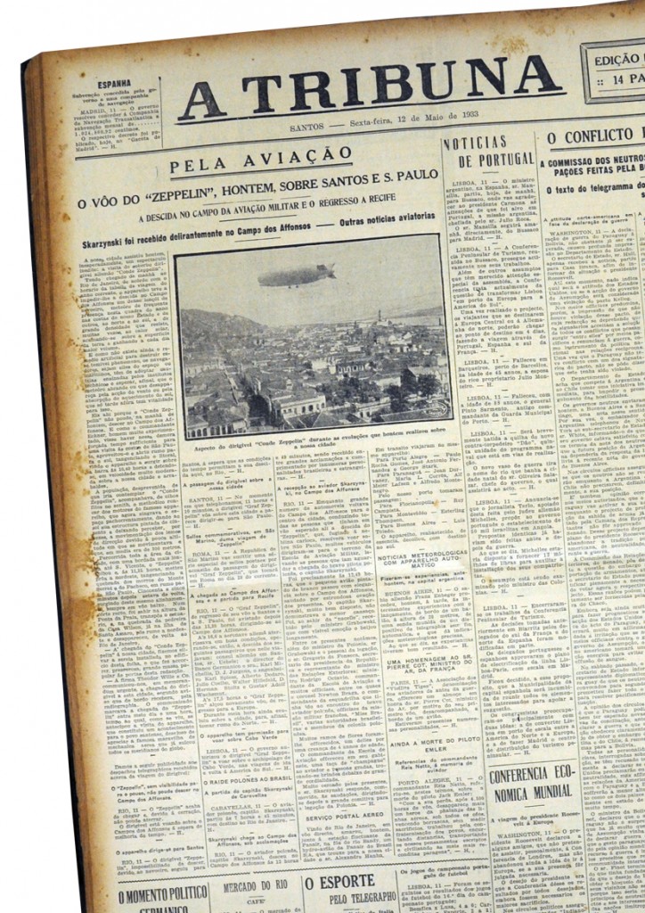 Manchete no jornal A Tribuna, registrando a passagem do famoso dirigível.