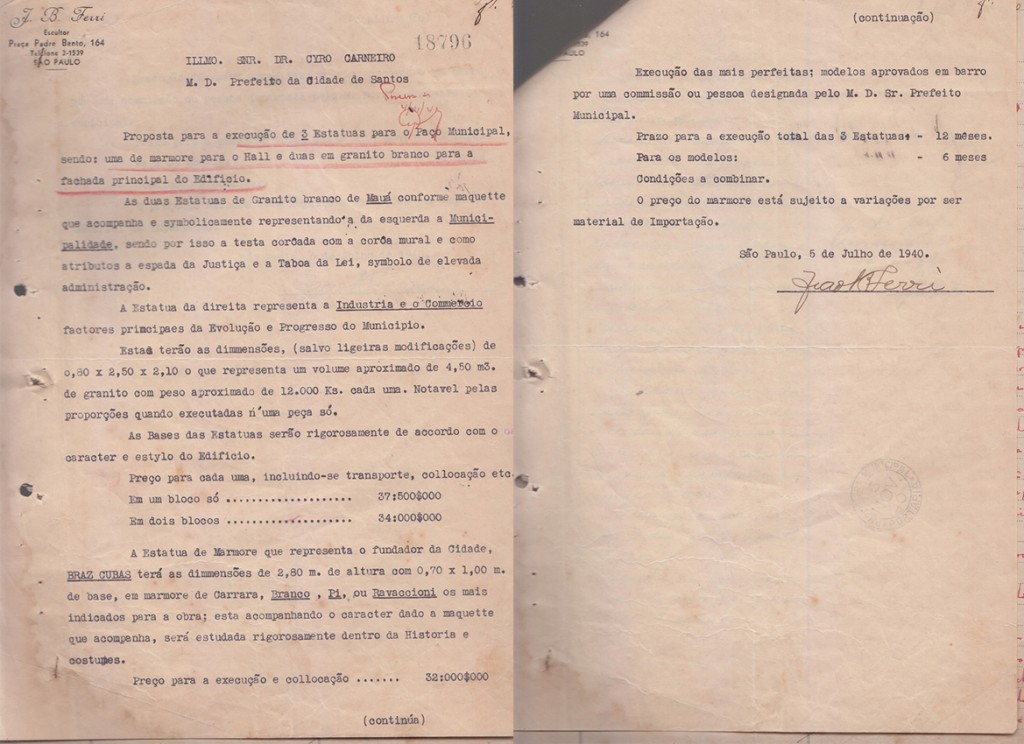 Carta inicial de João Batista Ferri, oferecendo seus préstimos para a Prefeitura de Santos.