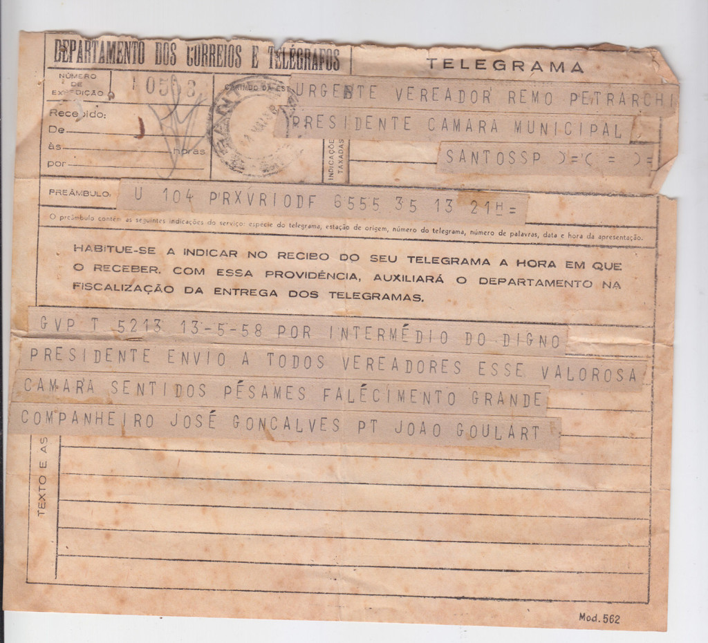Telegrama de João Goulart endereçado ao presidente da Câmara de Santos.