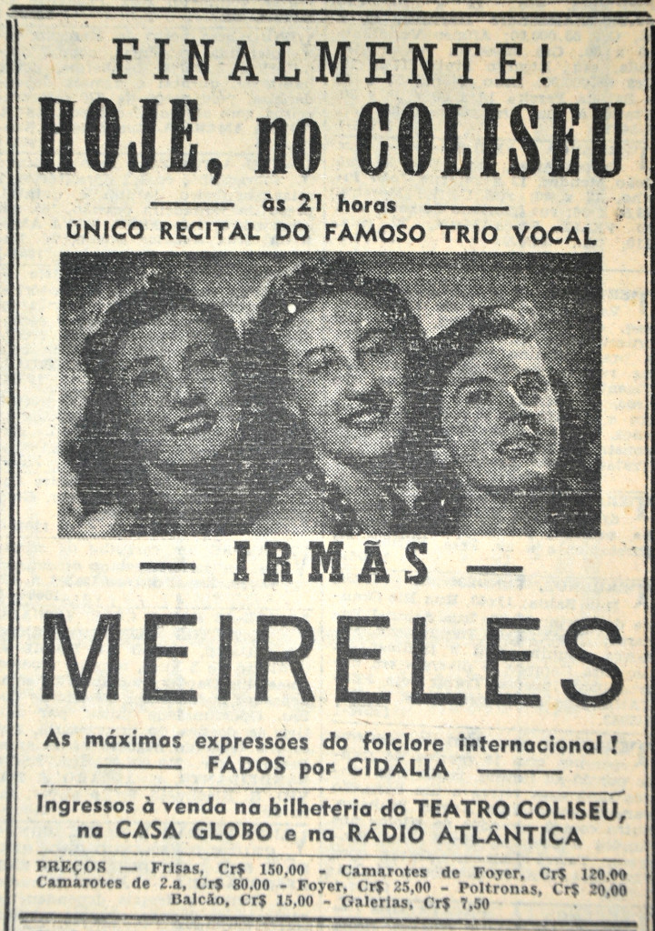 Anúncio do recital das Irmãs Meireles que aconteceria no Teatro Coliseu em 31 de janeiro de 1950, no Jornal A Tribuna