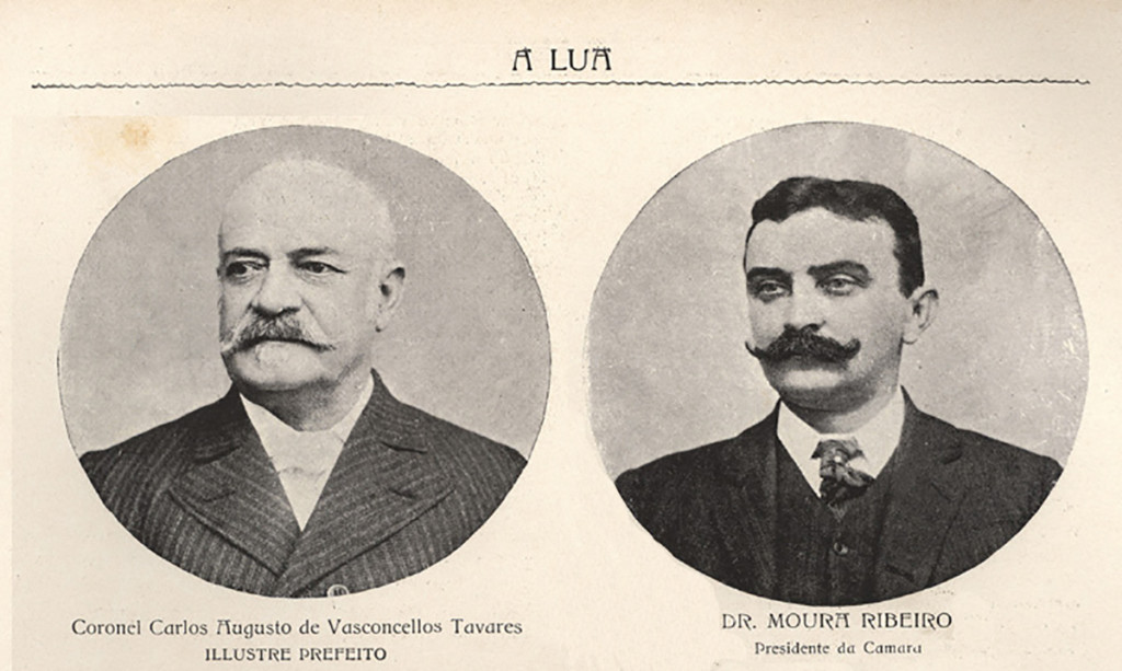 As fotos do então prefeito de Santos, coronel Carlos Augusto de Vasconcelos Tavares e do presidente da Câmara, Dr. Bento de Moura Ribeiro.