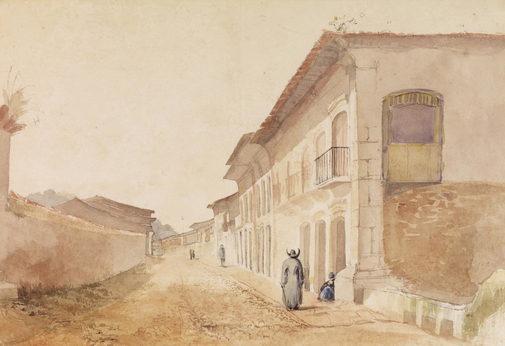 A Rua Direita (atual XV de Novembro), principal via da vila santista no início do século 19.