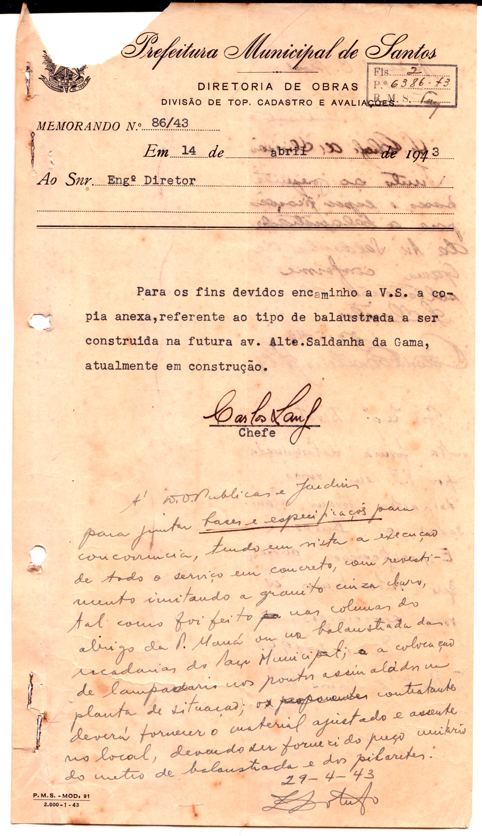 Documentação, assinada por Carlos Lang, solicitando abertura de processo para a construção da balaustrada.