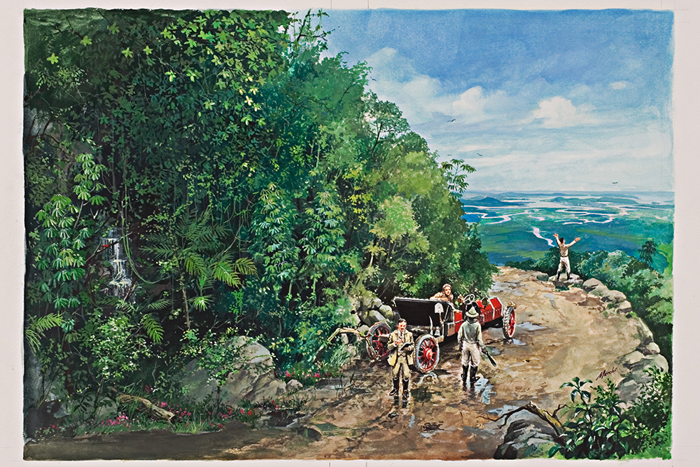 Arte de Gilberto Marchi revela a primeira travessia automobilística entre São Paulo e Santos, ocorrida em abril de 1908.