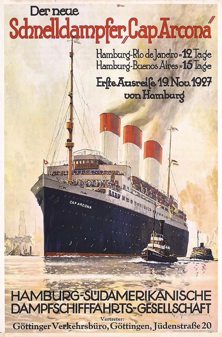Pôster dos anos 1920 sobre o navio alemão da Hamburg-Sud