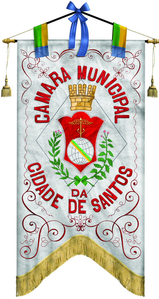Primeiro brasão de armas da cidade de Santos, oficializado em 1888. Foi o primeiro de uma localidade paulista e um dos mais antigos do país.