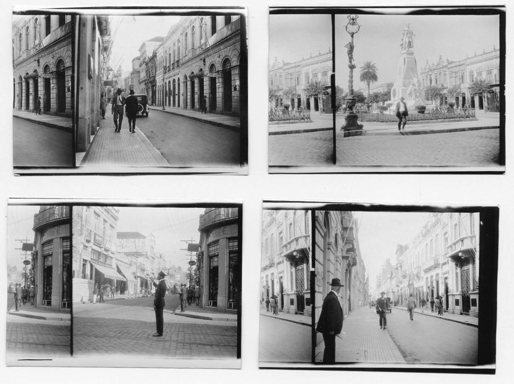 Várias cenas de 1927, no trabalho do inglês James Holmes. Aqui aparecem a Rua XV de Novembro (fotos 1 e 4), Praça da República e Estátua de Braz Cubas (foto 2) e Rua do Rosário (foto 3)